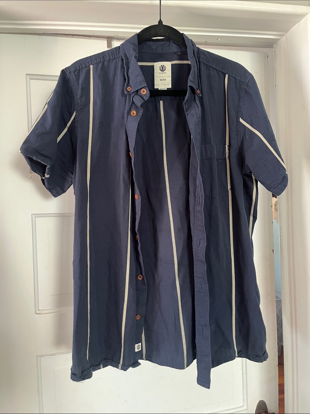 Element Navy Short-Sleeve Button-Down Shirt with White Vertical Stripes